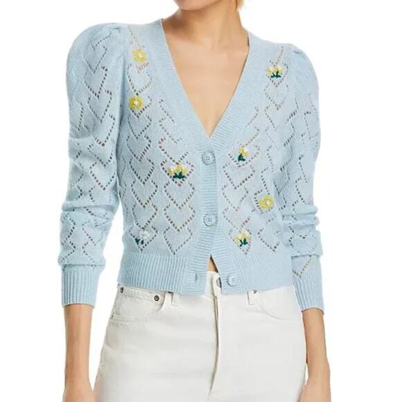 AQUA BLOOMINGDALES CASHMERE EMBROIDERED POINTELLE CARDIGAN - Picture 1 of 6